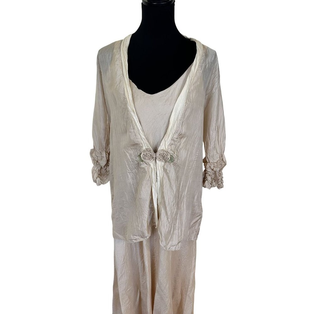 Lee Andersen Womens Beige 2 Piece Jacket Dress Set Acetate Rayon Large Vtg 80s